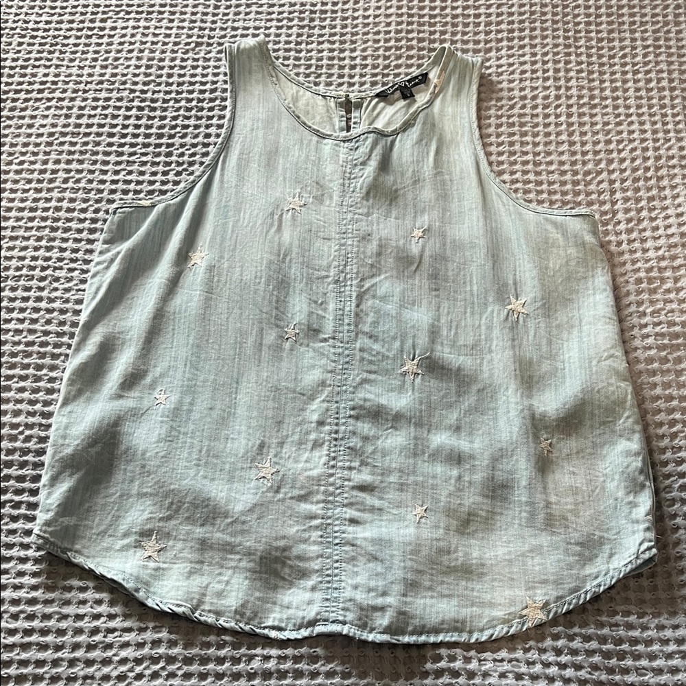 Light blue Denim-like tank top. Stars embroidered on. Size small